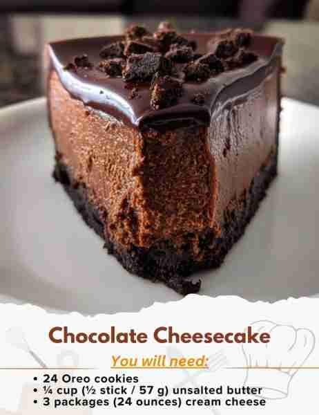 Chocolate Cheesecake Ingredients: Crust - 24 Oreo cookies - ¼ cup (½ stick / 57 g) unsalted butter,...