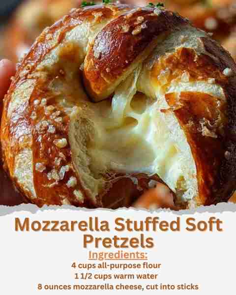Mozzarella Stuffed Soft Pretzels Ingredients: - 4 cups all-purpose flour - 1 tablespoon sugar - 2 te...