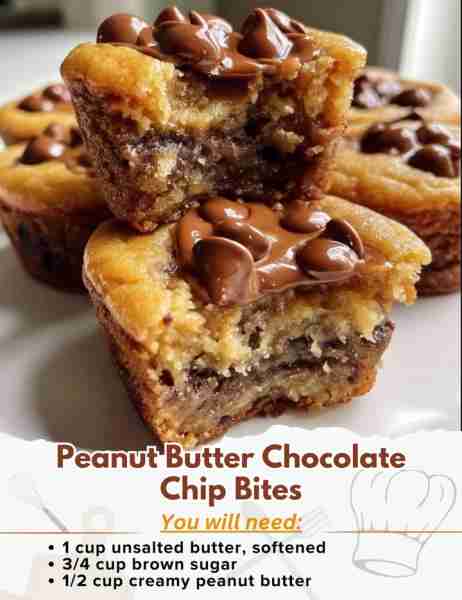 Peanut Butter Chocolate Chip Bites Ingredients: - 1 cup unsalted butter, softened - 3/4 cup brown su...