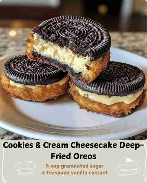 🍪 Cookies & Cream Cheesecake Deep-Fried Oreos 🧀 Ingredients For the Cheesecake Filling: 8 ounces f...