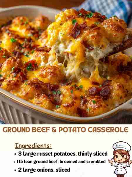 Ground Beef & Potato Casserole Ingredients: 3 large russet potatoes, thinly sliced 1 lb lean ground...