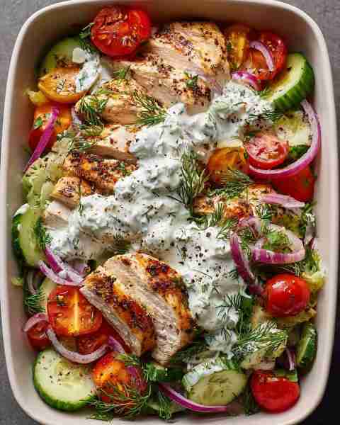 🥗 Grilled Chicken Salad with Tzatziki Dressing 🍗🥒🍅 Prep Time: 15 minutes Cook Time: 15 minutes S...