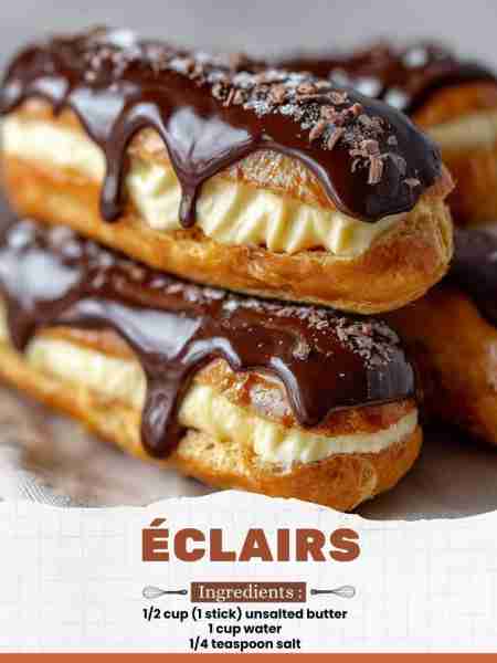 Éclairs Ingredients: 1/2 cup (1 stick) unsalted butter 1 cup water 1/4 teaspoon salt