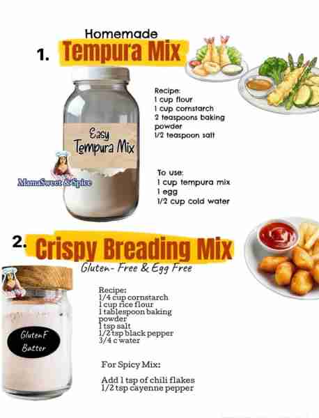 Homemade Batter Mix Recipes! Easy- Homemade Tempura Mix Recipe: 1 cup flour 1 cup cornstarch 2 teasp...