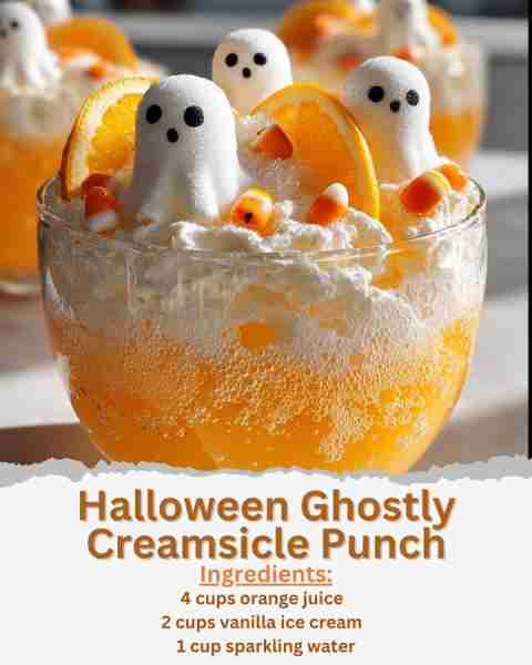 Halloween Ghostly Creamsicle Punch Ingredients: - 4 cups orange juice, chilled - 2 cups vanilla ice...