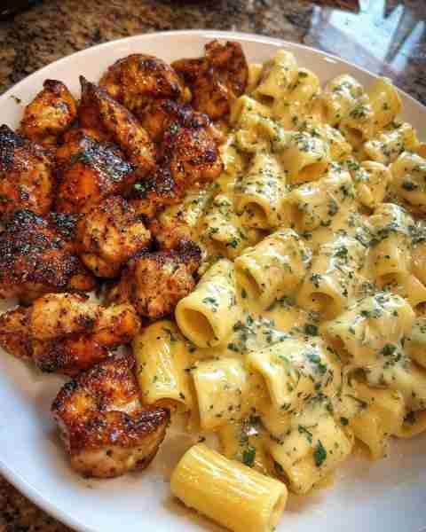 Velveeta Garlic Butter Chicken with Rigatoni Alfredo Ingredients: 1 pound rigatoni pasta 2 pounds bo...