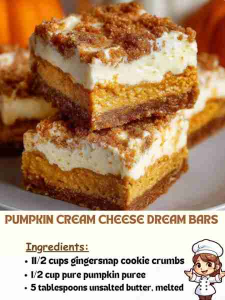 Pumpkin Cream Cheese Dream Bars Ingredients 1½ cups gingersnap cookie crumbs ½ cup pure pumpkin pure...