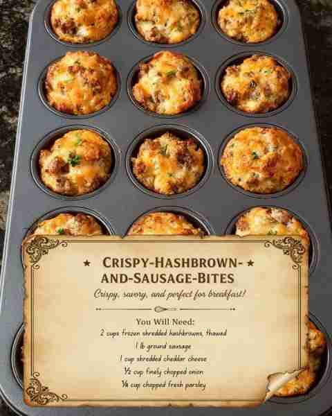 Crispy Hashbrown and Sausage Bites Ingredients: 2 cups frozen shredded hashbrowns, thawed 1 lb grou...