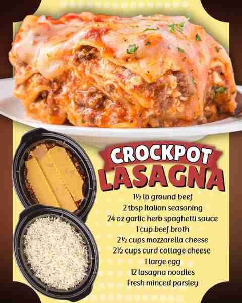 CROCKPOT LASAGNA! ✅ 1½ lb ground beef ✅ 2 tbsp Italian seasoning ✅ 24 oz garlic herb spaghetti sa...
