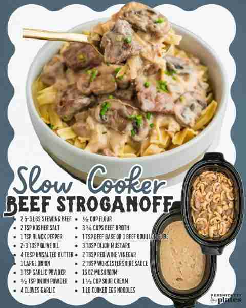 Easy Slow Cooker Beef Stroganoff 🥩🥘 YOU'LL NEED: 2.5-3 lbs stewing beef 2 tsp kosher salt 1 tsp bl...