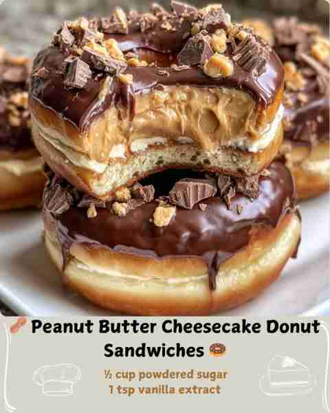 🥜 Peanut Butter Cheesecake Donut Sandwiches 🍩 Ingredients For the Sandwiches: 4 chocolate glazed d...