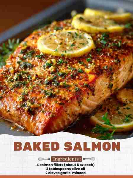 Baked Salmon Ingredients: 4 salmon fillets (about 6 oz each) 2 tablespoons olive oil 2 cloves garlic...