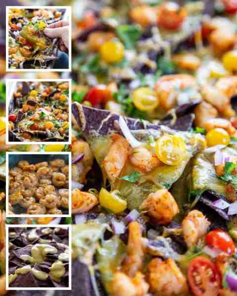 Sheet Pan Shrimp Nachos: juicy shrimp, smoky poblano cheese, and fresh toppings. Perfect for game da...