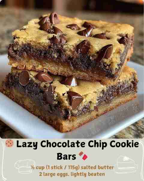 🍪 Lazy Chocolate Chip Cookie Bars 🍫 Ingredients 1 box (15.25–18.25 oz) yellow cake mix (Duncan Hin...