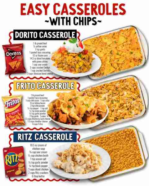 Crunchy, cheesy, and oh-so-cozy — casseroles made even better with chips on top! Ingredients 🟣 Dori...