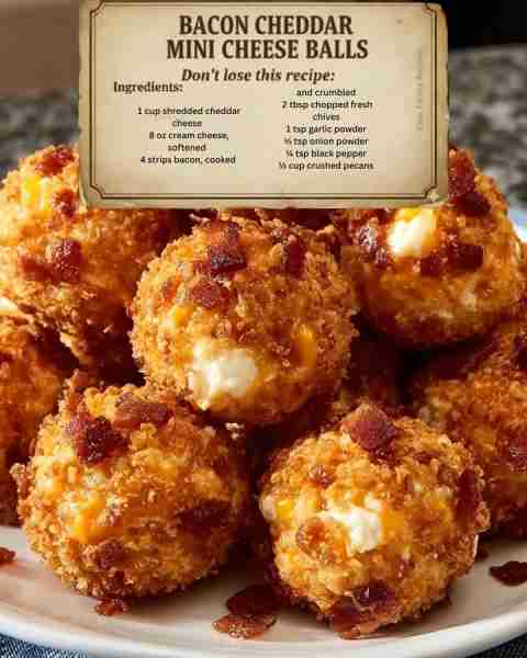 Bacon Cheddar Mini Cheese Balls Ingredients: 1 cup shredded cheddar cheese 8 oz cream cheese, softe...