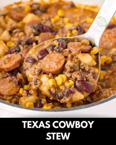 Texas Cowboy Stew is a hearty dish loaded with ground beef, smoked sausage, bacon, potatoes, corn, b...
