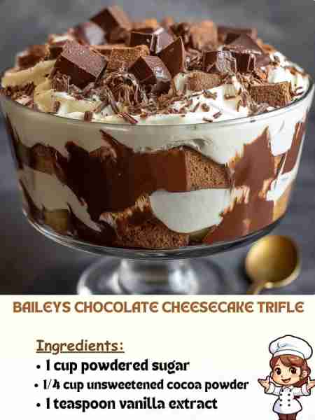 Baileys Chocolate Cheesecake Trifle Ingredients 1 cup powdered sugar ¼ cup unsweetened cocoa powder...