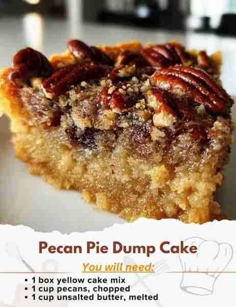 Pecan Pie Dump Cake Ingredients: - 1 box yellow cake mix - 1 cup pecans, chopped - 1 cup unsalted bu...