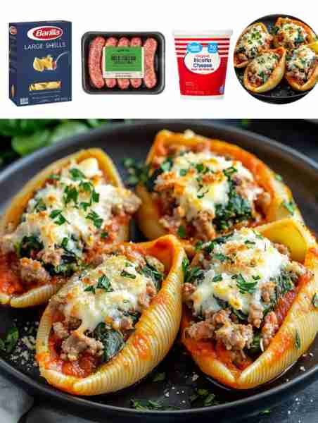 Sausage and Spinach Stuffed Shells Ingredients: - 1 pound large pasta shells - 1 pound Italian sausa...