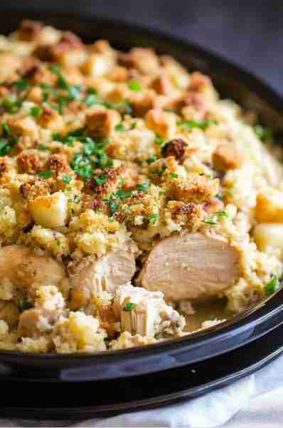 Dump just 4 ingredients into slow cooker for the best chicken & stuffing feast yet. Full recipe 👇 💬