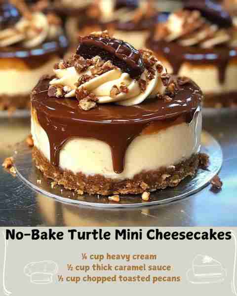 🧁 No-Bake Turtle Mini Cheesecakes 🍫 Ingredients For the Crust: 1 cup finely crushed graham cracker...