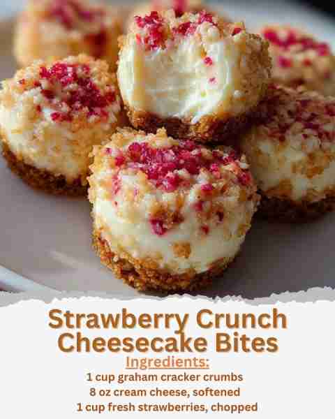 Strawberry Crunch Cheesecake Bites Ingredients: - 1 cup graham cracker crumbs - 2 tablespoons sugar...