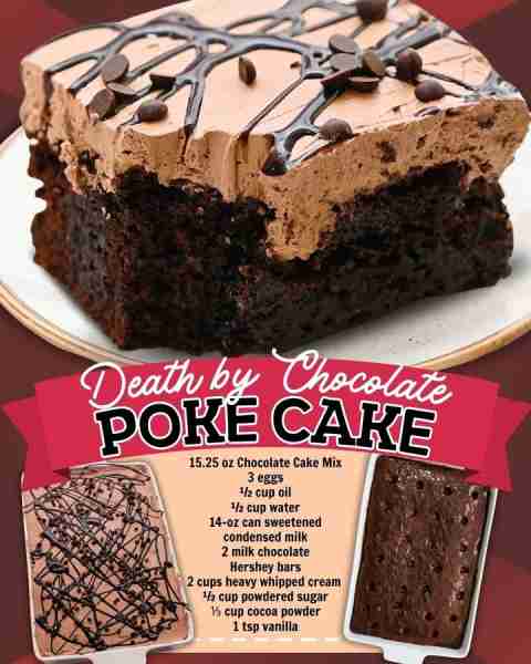 DEATH BY CHOCOLATE POKE CAKE! 15.25 oz Chocolate Cake Mix 3 eggs ½ cup oil ½ cup water 14-oz can swe...