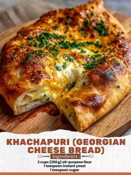 Khachapuri (Georgian Cheese Bread) Ingredients: 2 cups (250 g) all-purpose flour 1 teaspoon instant...
