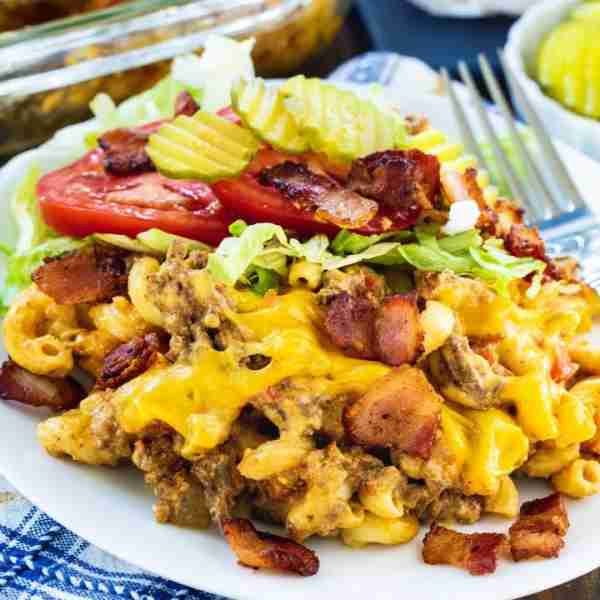 Bacon Cheeseburger Casserole is full of macaroni, American cheese, bacon, and ground beef and flavor...