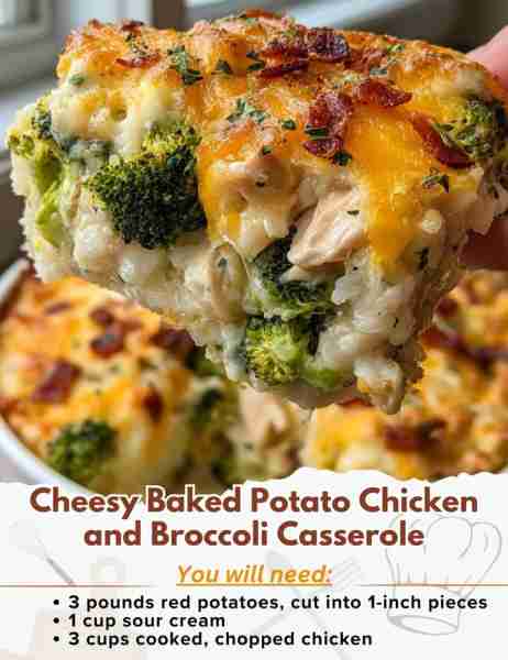 Cheesy Baked Potato Chicken and Broccoli Casserole Ingredients: - 3 pounds red potatoes, cut into 1-...