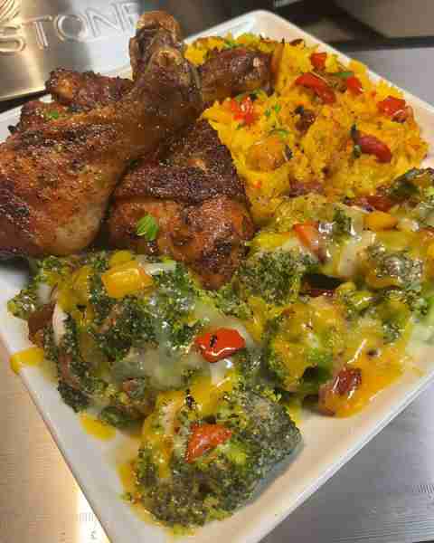 Vibrant yellow rice, golden-brown chicken, and cheesy green broccoli make a perfect plate 😋😋 #Dinn...