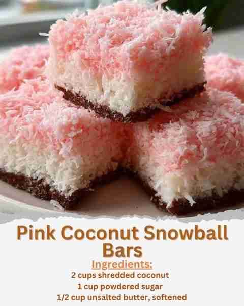 Pink Coconut Snowball Bars Ingredients: - 2 cups shredded coconut - 1 cup powdered sugar - 1/2 cup u...