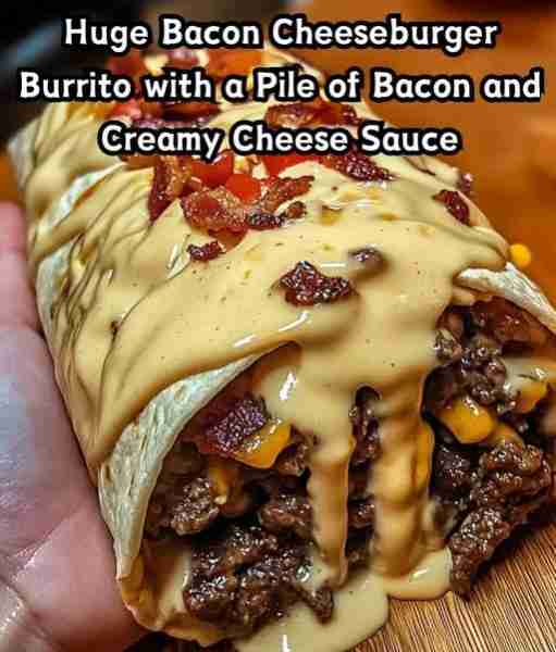 Huge Bacon Cheeseburger Burrito with a Pile of Bacon and Creamy Cheese Sauce 🥓🧀🌯 Ingredients: 1 l...