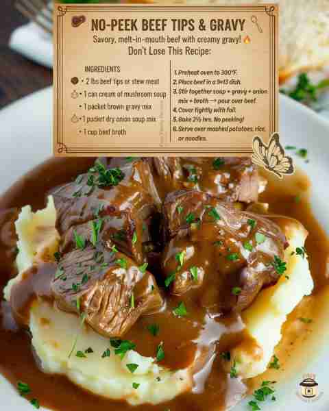 NO-PEEK BEEF TIPS & GRAVY 🥩 • 2 lbs beef tips • 1 can cream of mushroom soup • 1 brown gravy mix pa...