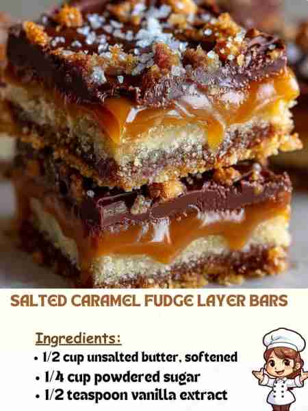 Salted Caramel Fudge Layer Bars Ingredients 1/2 cup (115g) unsalted butter, softened 1/4 cup (30g) p...