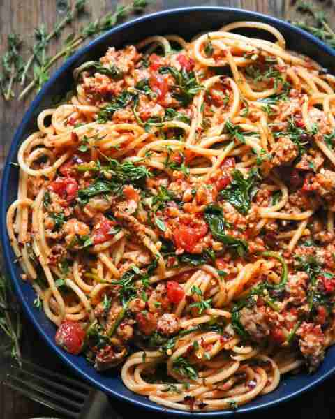 Italian Sausage Spaghetti with Spinach & Marinara Sauce in 32 minutes!🍅🍅