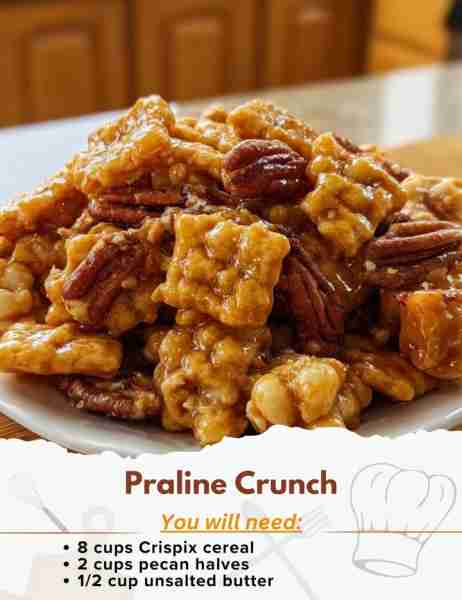 Praline Crunch Ingredients: - 8 cups Crispix cereal - 2 cups pecan halves - 1/2 cup unsalted butte...