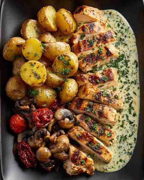 Tried this and instantly saved it — Grilled Chicken with Herb Cream Sauce, Roasted Potatoes & Sautée...
