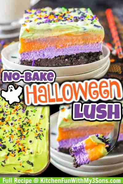 Full Recipe 👇 HALLOWEEN LUSH DESSERT - it's No-Bake! 🧡 Oreo Crust topped with colorful layers of P...