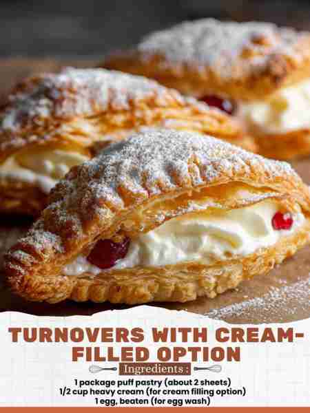 Turnovers with Cream-Filled Option Ingredients: 1 package puff pastry (about 2 sheets) 1/2 cup heavy...