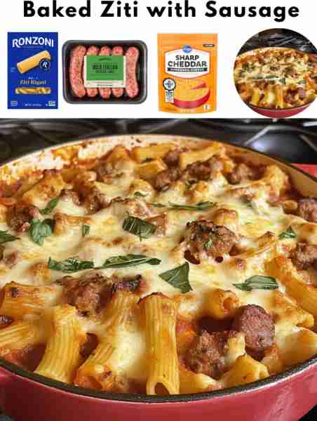 Baked Ziti with Sausage Ingredients: - 1 lb ziti pasta - 1 lb Italian sausage - 1 jar marinara sauce...