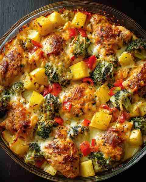 No leftovers were seen after this one — Cheesy Baked Chicken Casserole with Potatoes, Broccoli & Pep...