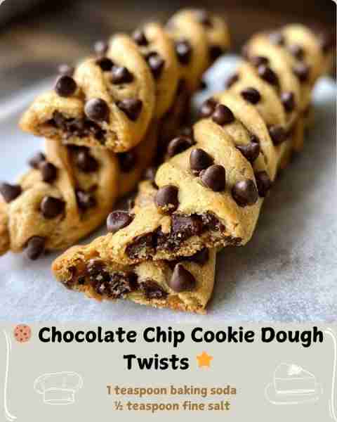 🍪 Chocolate Chip Cookie Dough Twists 🌟 Ingredients 2¼ cups all-purpose flour 1 teaspoon baking sod...