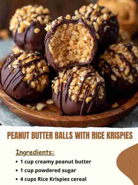 Peanut Butter Balls with Rice Krispies Ingredients 1 cup creamy peanut butter 1 cup powdered sugar 4...