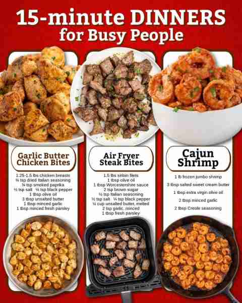 ⏰ Dinner on the table in 15 minutes? Yes, please! 🙌🍲 Ingredients 🟣 Garlic Butter Chicken Bites 3...