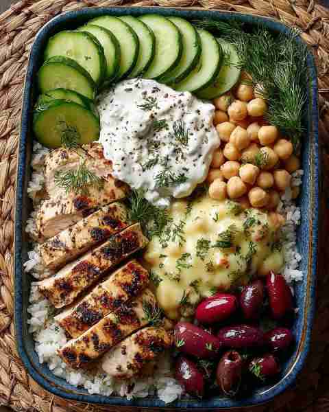 Tried once, made twice — Mediterranean Grilled Chicken Rice Bowl with Tzatziki & Olives