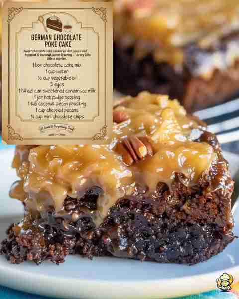 GERMAN CHOCOLATE POKE CAKE 🔥🍫 1 box chocolate cake mix, 1 cup water, ½ cup oil, 3 eggs. Bake in a...