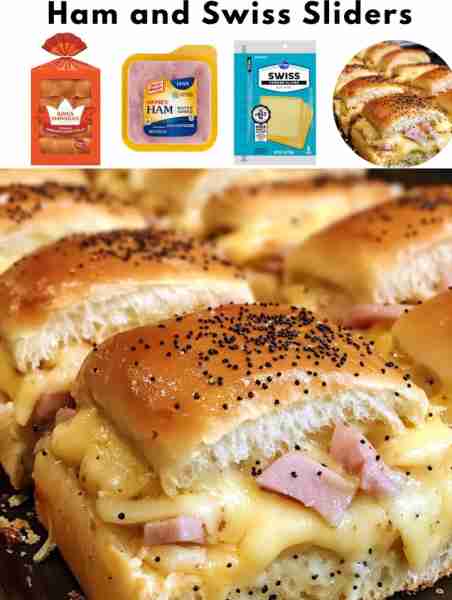 Ham and Swiss Sliders Ingredients: - 12 Hawaiian sweet rolls - 1 pound deli ham - 8 slices Swiss che...