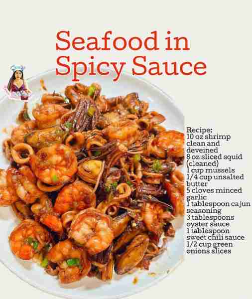 Delicious Seafood in Spicy Garlic Sauce Recipe: 10 oz shrimp clean and deveined 8 oz sliced squid (c...
